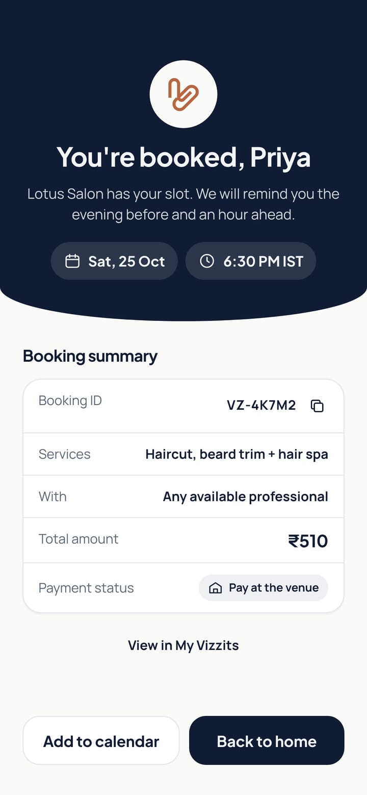 The booking confirmed screen in the Vizzit app