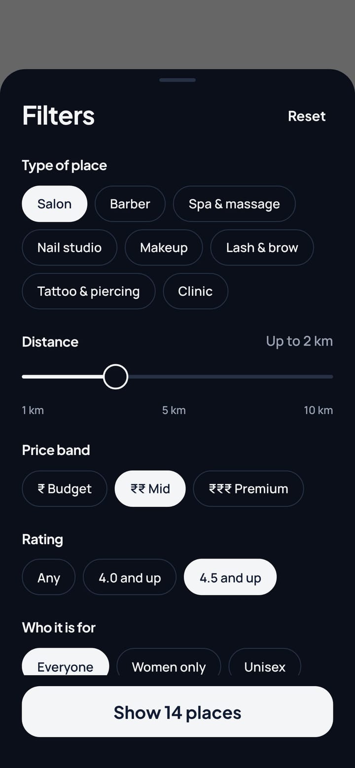 The filters sheet in the Vizzit app, dark mode
