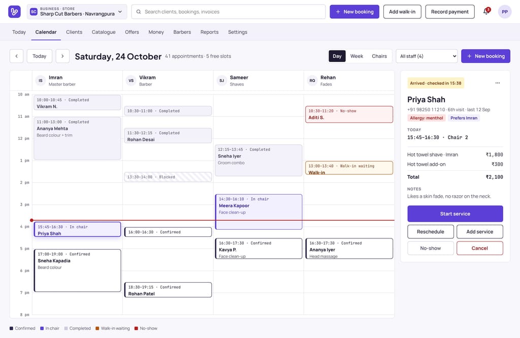 Vizzit calendar for a barbershop: the day by barber, chair by chair