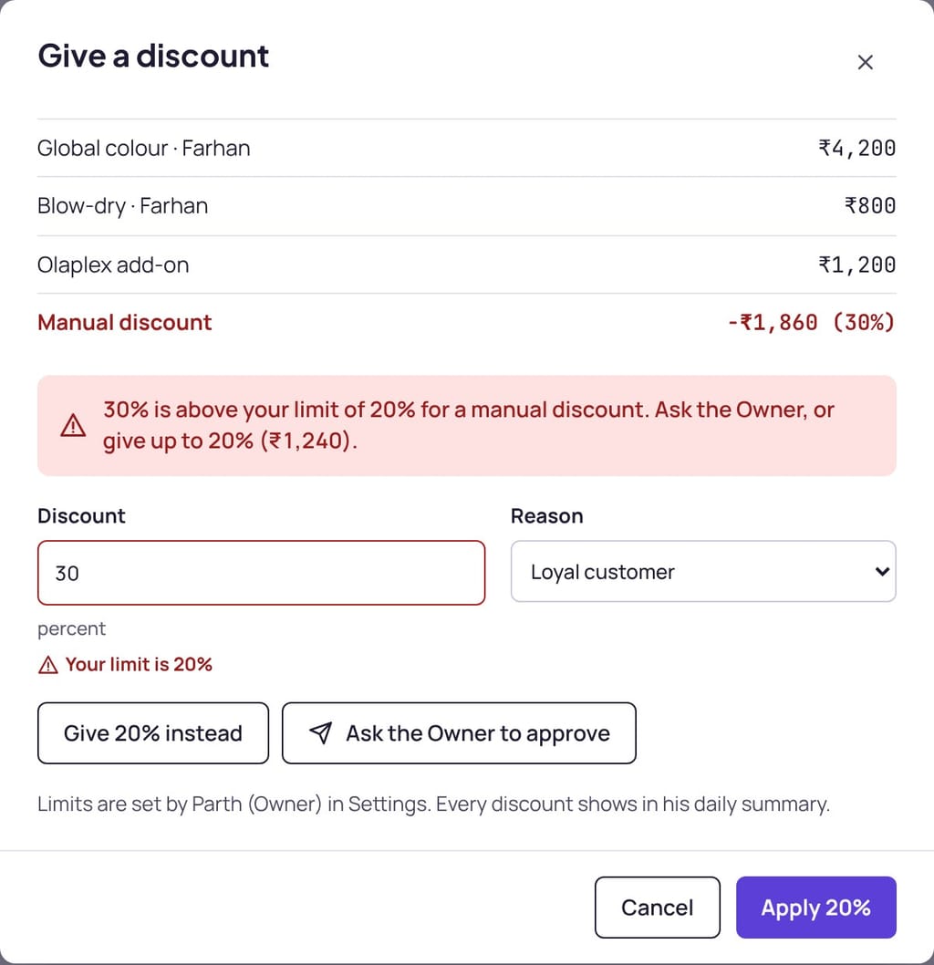 A discount above the manager’s limit, sent to the owner
