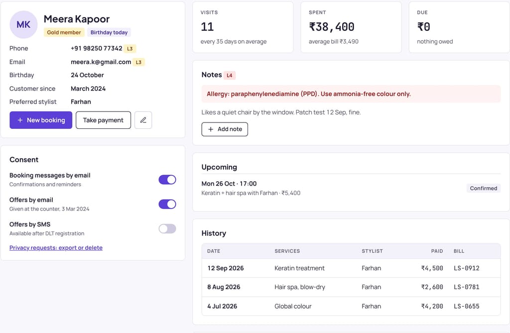A customer profile with visits, notes and consent