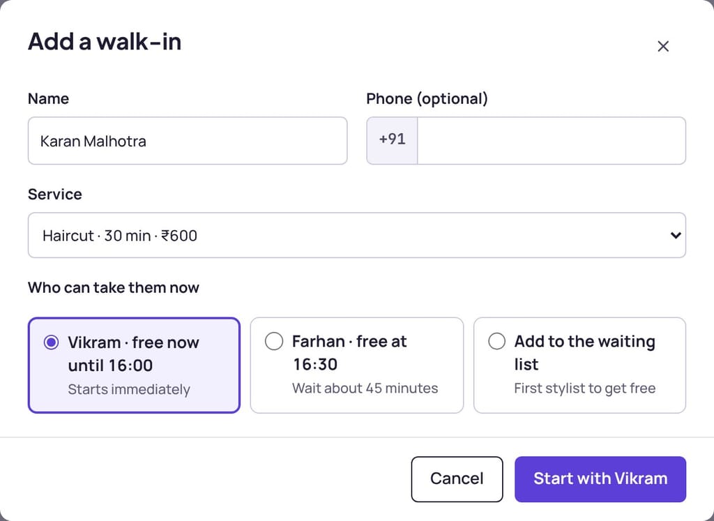 Adding a walk-in and choosing who is free