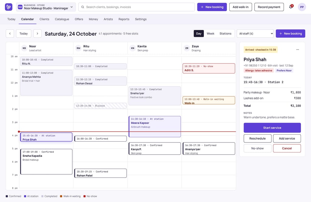 Vizzit calendar for a makeup studio: the day by artist, station by station