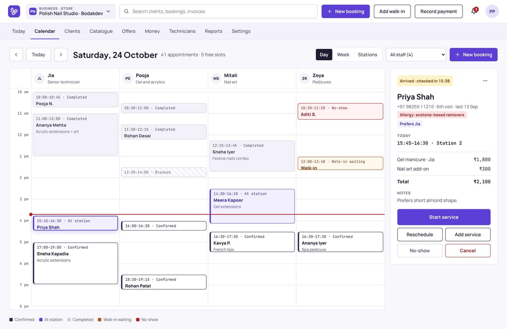 Vizzit calendar for a nail studio: the day by technician, station by station
