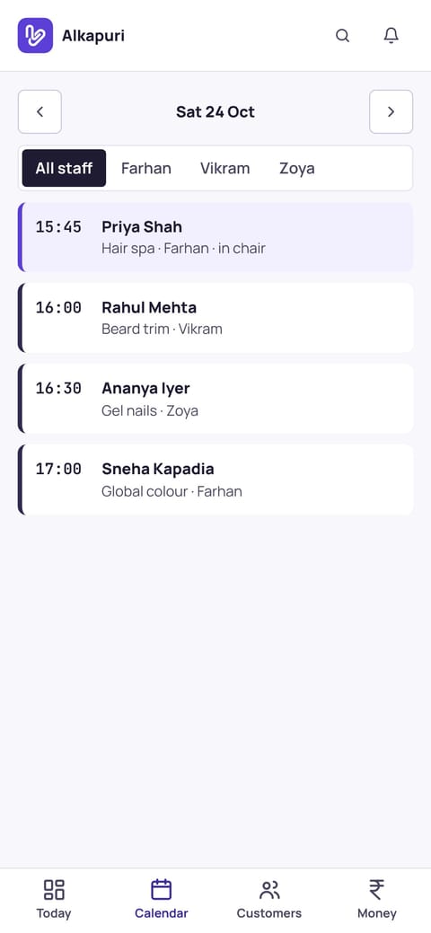 Vizzit calendar on an iPhone: the day’s appointments as a list, by team member