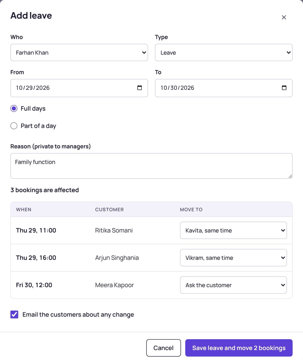 Adding leave and moving the bookings it affects