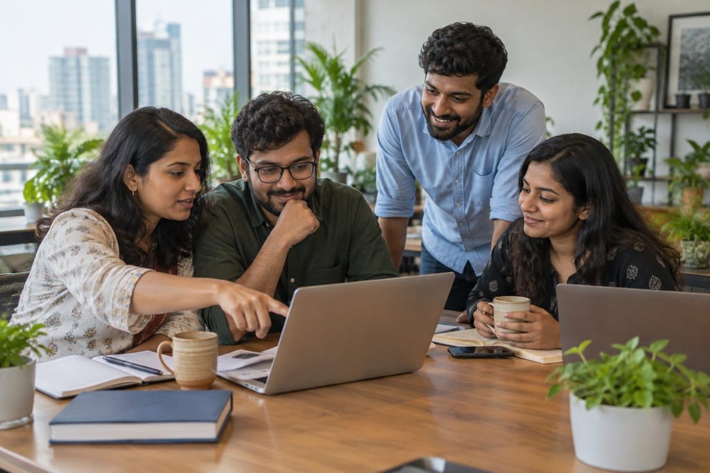 A team working together around a laptop (demo photo, to be replaced by the HACTECH team)