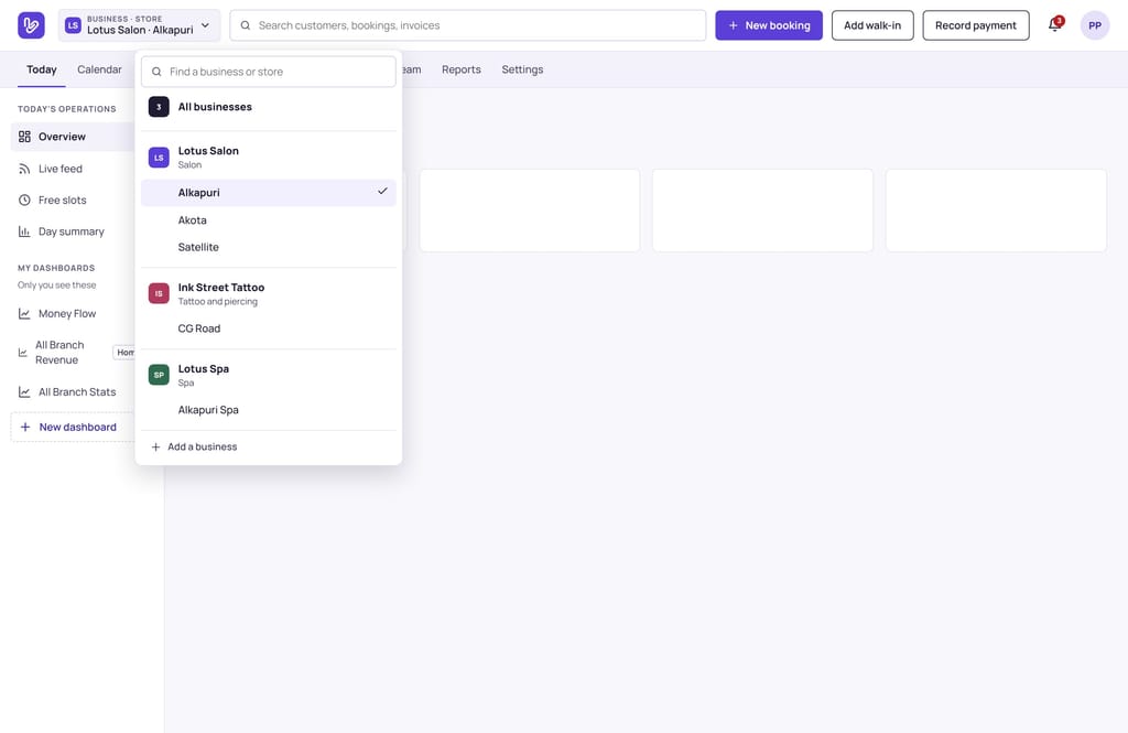 The Vizzit business and store switcher: All businesses, then each business with its stores